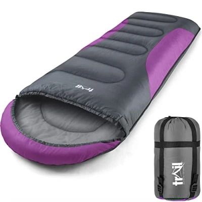 Abbildung von Trail Alpin Schlafsack mit Kapuze 250 g Schlafsack, 3 Jahreszeiten Schlafsack. Leicht, kleines Packmaß und Kompressionssack (Lila)