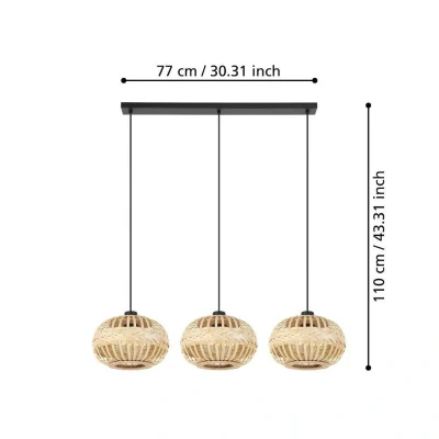 Abbildung von Eglo 43863 NATURE Hängeleuchte AMSFIELD 1 Stahl schwarz, Holz natur E27 3X40W L:96cm B:26cm H:110cm dimmbar