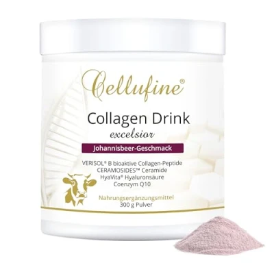 Abbildung von Cellufine® Premium Collagen Drink Excelsior Johannisbeere 300 g Drinkmit Verisol Peptiden, Coenzym Q10, HyaVita Hyaluronsäure, Vitamin C und Spurenelementen