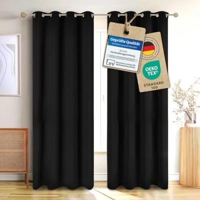 Abbildung von Blumtal Verdunklungsvorhänge 2er Set Thermovorhang Kälteschutz Vorhang Blickdicht mit Ösen Gardinenschals Schlaufen Gardinen 265x140 cm Vorhangschals Schwarz