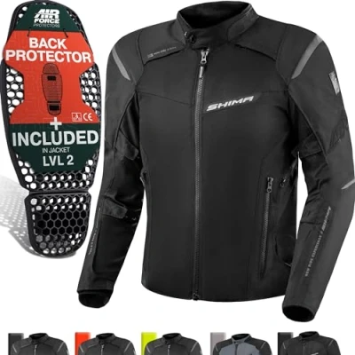 Abbildung von SHIMA RUSH Motorrad Jacke Herren mit Protektoren Textil AIRFORCE Rückenprotektor Wasserdicht Motorradjacke Sommer Motorradkombi Motorradhose Mesh Touren (Schwarz, Männer, Schutzjacken, Größe XXL)