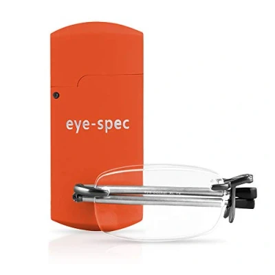 Abbildung von eye spec Stilvolle, rahmenlose, faltbare Lesebrille mit orangenem Etui im Taschenformat Ultraleichtes, faltbares Design