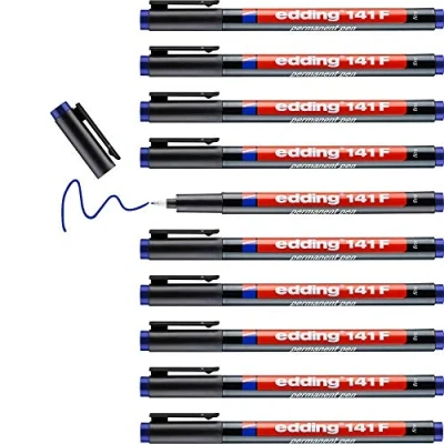 Abbildung von edding 141 F Permanenter Folienschreiber blau 10 Stifte Rundspitze 0,6 mm Stift zum Schreiben auf Glas, Kunststoff, Folien und glatten Oberflächen schnelltrocknend, wisch wasserfest