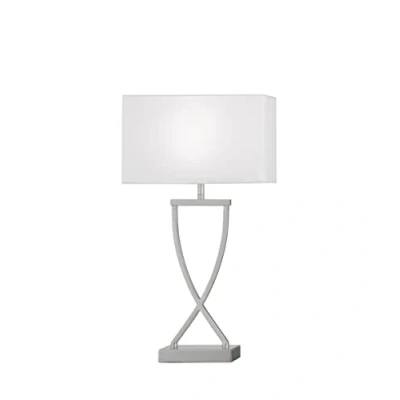 Abbildung von Fischer &amp; Honsel Tischleuchte Anni, Tischlampe mit Stoff Lampenschirm und aufwändigem Gestell, Schreibtischleuchte aus Metall in Nickelfarben matt Weiß, E27 Fassung, 27x12x51cm
