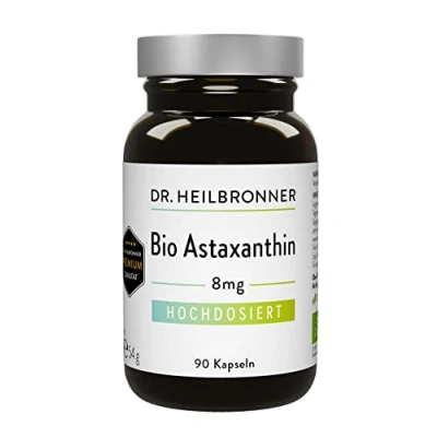 Abbildung von Dr. Heilbronner Bio Astaxanthin 8mg Kapseln hochdosiert in der Glasflasche I Antioxidantien aus Vitalalge Haematococcus Pluvialis Supplements Carotinoide vegan glutenfrei &amp; lactosefrei