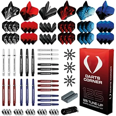 Abbildung von Darts Corner BX228 Tune Up Kit 125 teiliges Zubehörpaket mit 24 Schäften, 36 Flights, Punktschutz, Schaftfedern, gebrochener Schaftentferner und einem Schärfwerkzeug Stahlspitze