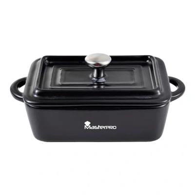Abbildung von MasterPro Cook &amp; Share Rechteckiger Kochtopf mit Deckel, 15,8 x 9 4,5/6,3 cm, aus Keramik, antihaftbeschichtet, geeignet für Ofen und Spülmaschine, Schwarz