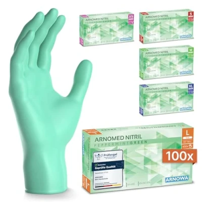 Abbildung von ARNOMED Einweghandschuhe Grün 100 Stück/Box, Nitrilhandschuhe L, Einmalhandschuhe, Handschuhe Einweg puderfrei, latexfreie Gummihandschuhe, in XS, S, M, L &amp; XL verfügbar