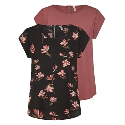 Abbildung von ONLY Tshirt Damen Regular Fit ONLVIC 2er Pack Rundhals Kurzarm Bluse Top Sommer Basic Muster Einfarbig Rose 40, Größe:40, Farbe:Rose Brown (15284243)