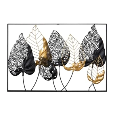 Abbildung von GILDE Deko Bild XXL Blätter Metall Wanddekoration rechteckig Dekoration Wohnzimmer Farben: Schwarz Gold Silber 95 x 65 cm