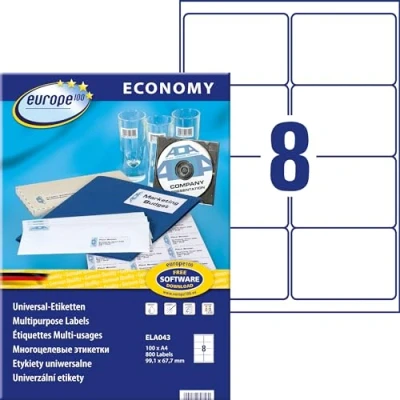 Abbildung von Europe100 Art. ELA043 Universal Etiketten (800 Klebeetiketten, 99,1x67,7mm auf A4, Papier matt, individuell bedruckbare Versandetiketten, selbstklebende Versandaufkleber) 100 Blatt, weiß