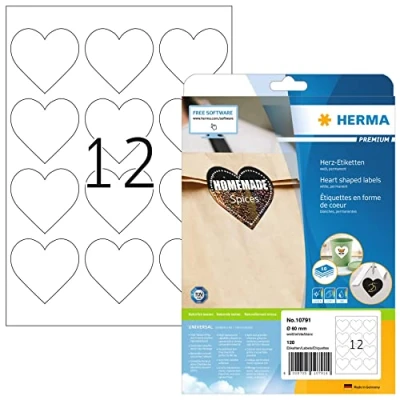 Abbildung von HERMA 10791 Herz Etiketten, 120 Stück, Ø 60 mm, 12 pro A4 Bogen, selbstklebend, bedruckbar, matt, blanko Papier Klebeetiketten Aufkleber in Herzform, weiß