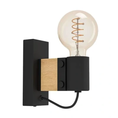 Abbildung von EGLO Wandlampe Bailrigg, rechteckige Wandleuchte für innen, FSC100HB, Flurlampe aus Holz in Natur und Metall Schwarz, Lampe Wand mit E27 Fassung