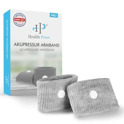 Abbildung von Health Press® Akupressur Armband Set: Zwei Akupressurarmbänder Perfekt für die Anwendung an beiden Handgelenken Dank optimierter Passform jedes Handgelenk geeignet Akupressurarmband Grau