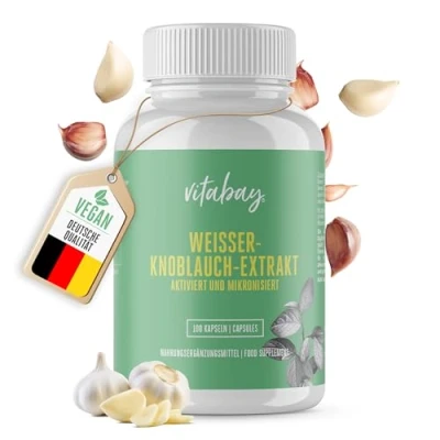 Abbildung von Vitabay Weißer Knoblauch Extrakt 100 vegane Kapseln 2000mg pro Kapsel Fermentiert, aktiviert und mikronisiert Bioverfügbar Geschmacksneutral geruchsfrei Made in Germany