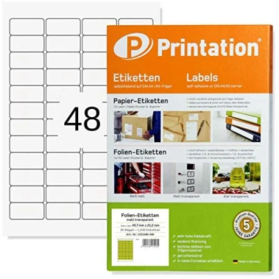 Abbildung von Printation Folien Etiketten transparent matt 45,7 x 21,2 mm wasserfest 1200 selbstklebend mit Laser Drucker bedruckbar 25 DIN A4 Bogen 48 Klebeetiketten zum bedrucken 4x12
