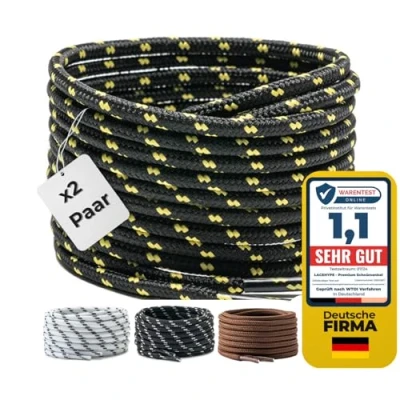 Abbildung von LaceHype 2 Paar Premium Runde Schnürsenkel [ Ø4,5 mm ] Polyester für Arbeitsschuhe, Stiefel, Outdoorschuhe und Sportschuhe reißfeste Schuhbänder (Schwarz/Gelb, 150cm)
