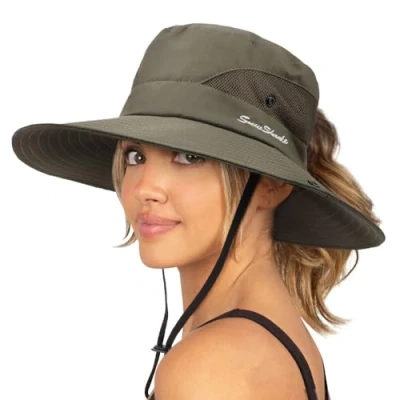 Abbildung von DRESHOW Damen Sonnenhut Outdoor UV Schutz Hut faltbar Mesh breite Krempe Angeln Pferdeschwanz Strand Eimer Hüte