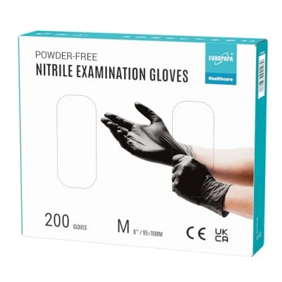 Abbildung von EUROPAPA® 200x Einweghandschuhe Nitrilhandschuhe puderfrei Untersuchungshandschuhe EN455 EN374 latexfrei Einmalhandschuhe Handschuhe in Gr. S, M, L &amp; XL verfügbar (M, Schwarz)