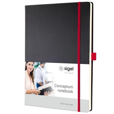 Abbildung von SIGEL CO661 Premium Notizbuch liniert, A4, Hardcover, schwarz, rot, aus nachhaltigem Papier Conceptum mit Seitenzahlen, Inhaltsverzeichnis, Stiftschlaufe, Falttasche