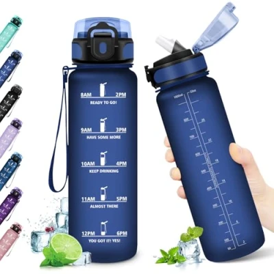 Abbildung von KollyKolla Trinkflasche 1L, mit strohhalm, Sport Zeitmarkierung, Auslaufsicher Wasserflasche Kohlensäure Geeignet für Kinder, Fahrrad, Schule, Maedchen, Junge