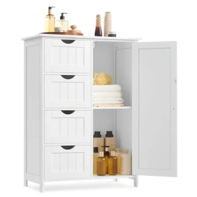Abbildung von VASAGLE Badezimmerschrank, schmaler Badschrank, Beistellschrank, Kommode, mit 4 Schubladen, Schranktür, verstellbare Ablage, 35 x 65 90 cm, wolkenweiß LHC042W01