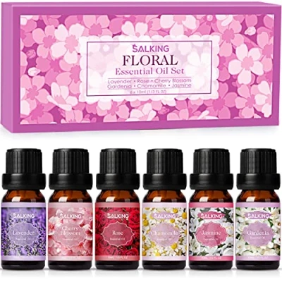 Abbildung von SALKING Ätherische Öle Set, Aromatherapie Duftöl GeschenkSet, 100% Pure Duftöle für Diffuser Duftlampen Luftbefeuchter, Massage, 6 x 10 ml (Lavendel, Rose, Kirschblüte, Jasmin, Gardenie, Kamille)