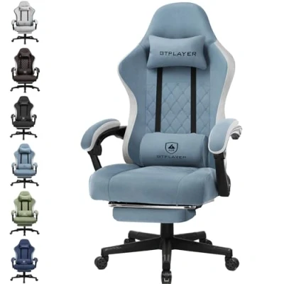 Abbildung von GTPLAYER Gaming Stuhl Ergonomischer Sessel Schreibtischstuhl mit Stoffoberfläche, Federsitzkissen, Verbindungsarmlehnen und Fußstütze Hellblau