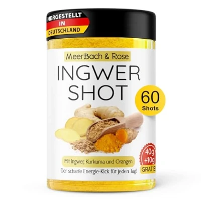 Abbildung von MeerBach &amp; Rose Fruchtig scharfer Ingwer Shot mit Vitamin C und Zink, veganer Kurkuma zum Anrühren von 60 Shots, Hand in Deutschland abgefüllt, Pulver