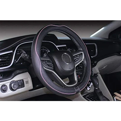 Abbildung von Istn Mikrofaser Leder Auto Lenkradbezug 38cm für die meisten Autos (schwarz pink)