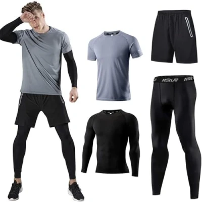 Abbildung von Kompressionsanzug Herrenanzug Trainingsanzug 4 teiliges Herren atmungsaktives Sportswear Laufanzug Kurzarmhemd Kompressionshemden Halbhose Strumpfhose schweißabsorbierend und schnelltrocknend Grau S
