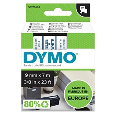 Abbildung von DYMO Original D1 Etikettenband blau auf weiß 9 mm x 7 m selbstklebendes Schriftband für LabelManager Beschriftungsgerät