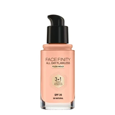 Abbildung von MAX FACTOR Facefinity All Day Flawless Foundation 3 in 1 Concealer, Liquid &amp; Face Primer Up To 30hr Wear Airbrush Finish, SPF 20, Vegan C50 Natural Rose 30ml
