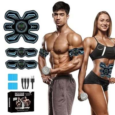 Abbildung von Bauchmuskeltrainer EMS Trainingsgerat, Bauchtrainer, Sicher Effektiv Schneller Trainingsgerät Ganzkörper Muskeltrainer, 8 Modi und 15 Intensitäten, 10 Stück Ersatz Hydrogels (Blau)