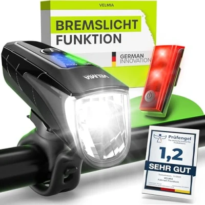 Abbildung von Velmia LED Fahrradlichter Set StVZO zugelassen mit USB Akku Betrieb und 8,5h Leuchtdauer I regenfest aufladbar Licht, Fahrrad Zubehör, vorne + rücklicht