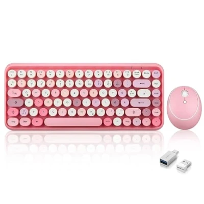 Abbildung von Perixx PERIDUO 713 Kabelloses Mini Tastatur und Maus Desktop Set, Retro Vintage Schreibmaschinen Design, Pink Rosa, QWERTZ