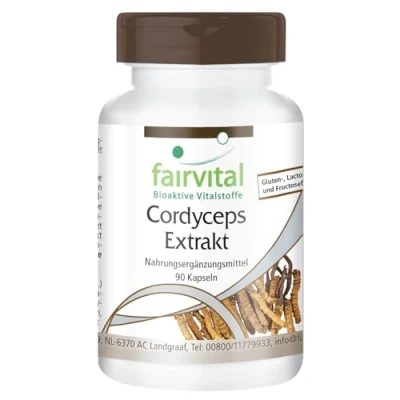 Abbildung von Fairvital Cordyceps Extrakt 500mg 90 Kapseln HOCHDOSIERT Sinensis (Raupenpilz) 40% Polysaccharide VEGAN