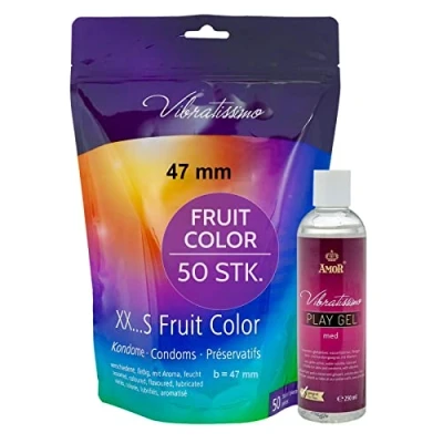 Abbildung von VIBRATISSIMO Kondome Fruit Color 50er Pack &amp; Gleitgel Set I Condoms for Men wiederverschließbarer Beutel gefühlsecht Bunte hauchzart b=47mm