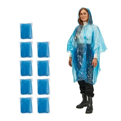 Abbildung von Relaxdays Regenponcho Einweg, 10er Set, Einmal Regencape mit Kapuze, für Erwachsene, Notfallponcho Damen &amp; Herren, blau Einheitsgröße