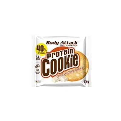 Abbildung von Body Attack Protein Cookie, 40% Protein, 5% BCAAs, soft baked, palmöl &amp; aspartamfrei, aus Hafervollkornmehl, echte Kakaobutter, Healthy Snack Made in Germany, 12 x 75g, White Chocolate Almond