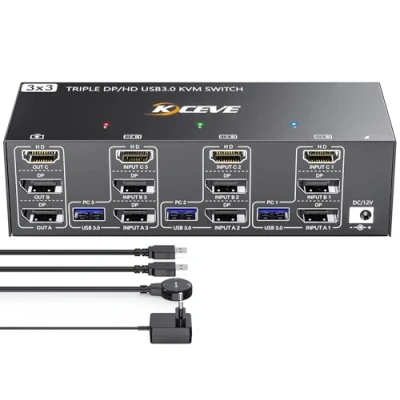 Abbildung von KVM Switch 3 PC Monitore, YOUTINGHDAV USB 3.0 Triple Monitor 2 Displayport + HDMI, 8K@60Hz 4K@144Hz, 1.4 HDMI 2.1 für Teilen Maus, Tastatur