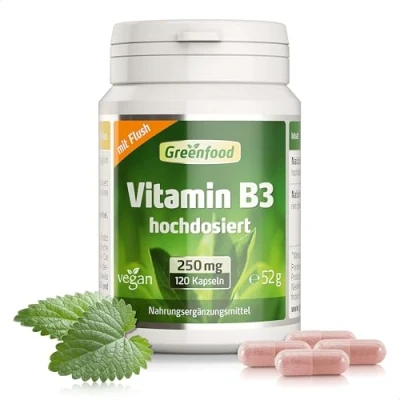 Abbildung von Vitamin B3 Hochdosiert Niacin mit 250mg Niacinamide pro Tag (120 vegane Kapseln) Unterstützt Energiestoffwechsel &amp; Hautgesundheit ohne Zusätze, Gentechnik, laborgeprüft Greenfood