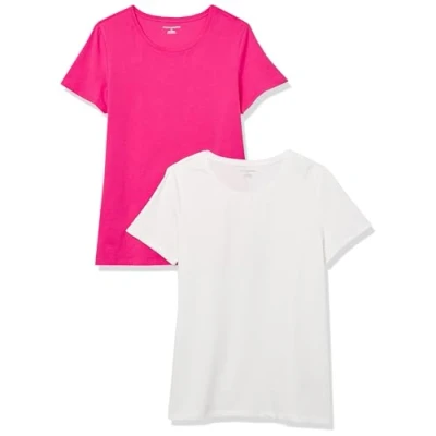 Abbildung von Amazon Essentials Damen Kurzärmeliges T Shirt mit Rundhalsausschnitt, Klassischer Schnitt, 2er Pack, Kräftiges Rosa/Weiß, XS