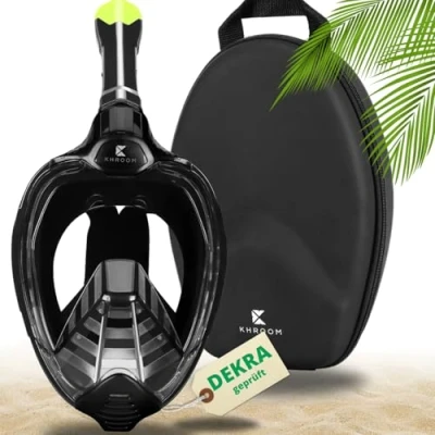 Abbildung von Khroom Schnorchelmaske für Erwachsene &amp; Kinder von DEKRA geprüfte CO2 Sicherheit Vollmaske Seaview X Tauchmaske Schnorchelausrüstung/Schnorchelset Alternative (S/M, Schwarz + Soft Case)