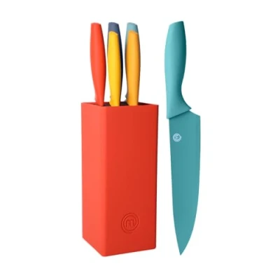 Abbildung von MasterChef Messerblock mit Messer Kuchenmesser Set Santokumesser, Brotmesser, Kochmesser, Gemüsemesser und Allzweckmesser, Edelstahl, Scharfes, Multicolor, 5 teilig, Edelstahl