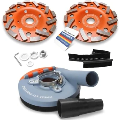 Abbildung von FANZWORK Absaugaufsatz Absaughaube für Winkelschleifer inkl. 2 x 125 mm Diamantschleiftopf PROFI QUALITÄT Bürsten auswechselbar 99% universal passend verstärkter Adapterring M14 Adapter