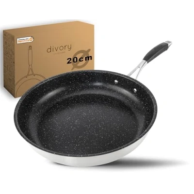 Abbildung von DIVORY Edelstahl Pfanne 20 cm ULTIME Induktion I Antihaft beschichtete kleine Bratpfanne für alle Herdarten Induktionspfanne, Ergonomischer Griff, Spülmaschinen geeignet (20cm, Schwarz)