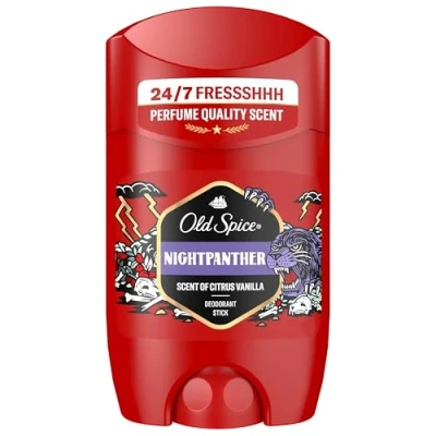 Abbildung von Old Spice Nightpanther Deo Stick für Männer, 50ml, 48H Frische, langanhaltender Duft in Parfümqualität, 0% Aluminiumsalze, keine Flecken auf Schwarz &amp; Weiss, hergestellt aus 50% recyceltem Plastik
