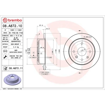 Abbildung von BREMBO COATED DISC LINE 08.A872.11 Bremsscheibe 258 10,5 4 voll beschichtet mit Schrauben CHEVROLET: Lacetti Hatchback, Nubira Estate