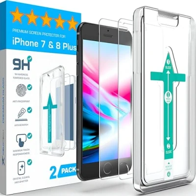 Abbildung von XeloTech 9H Schutzglas für iPhone 8 PLUS /7 (2 Stück) mit Schablone Hartglas Panzerfolie, Displayschutzfolie, Schutz Folie